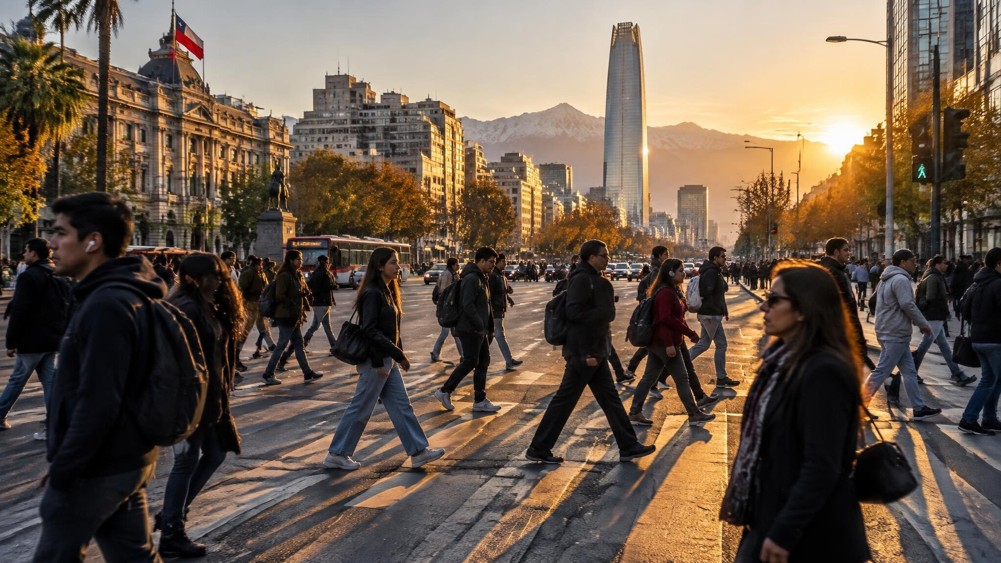 Pedestrians crossing a busy downtown avenue at golden hour