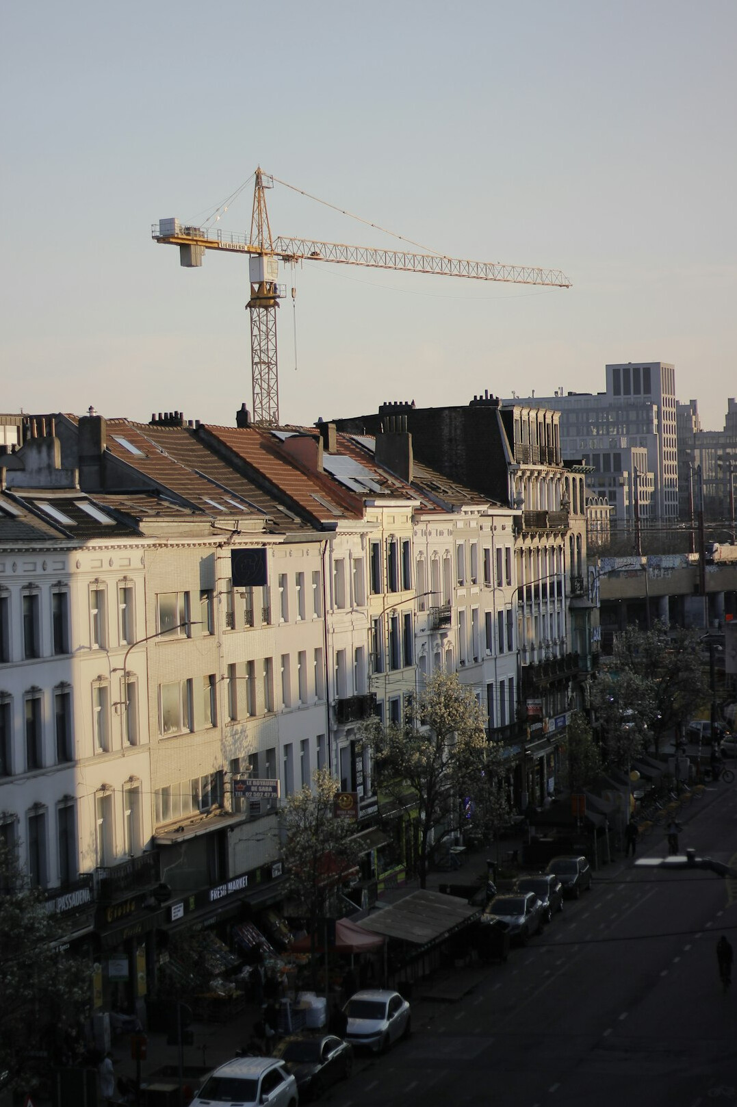 Construction cranes rising beside old low-rise buildings in a city